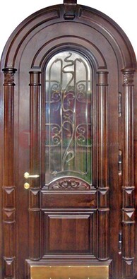 Арочная металлическая дверь массив со стеклом и ковкой ДА-50 в Мурманске