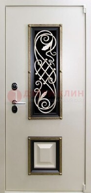 Белая стальная дверь с ковкой со стеклопакетом и МДФ ДК-30 в Мурманске
