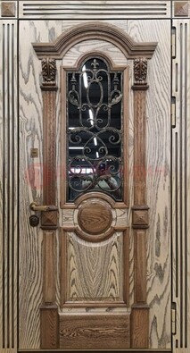 Железная дверь с массивом дуба со стеклом и ковкой ДМД-47 в Мурманске