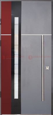 Серая входная дверь с порошковым окрасом и красной вставкой ДП-175 в Мурманске