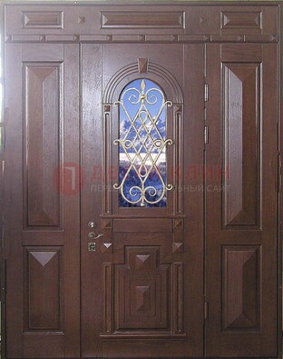 Стальная парадная дверь со стеклом и ковкой ДПР-4 для коттеджа в Мурманске
