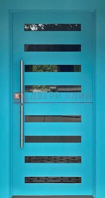 Голубая уличная дверь с МДФ панелью и стеклом ДС-51 в Мурманске