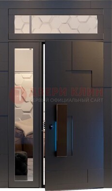 Чёрная двухстворчатая металлическая дверь со стеклом ДС-64 в Мурманске