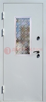 Серая металлическая дверь со стеклом и ковкой ДС-75 в Мурманске