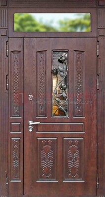Коричневая железная дверь со стеклом и ковкой на улицу ДСК-127 в Мурманске
