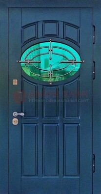 Синяя металлическая дверь со стеклом и ковкой ДСК-143 
