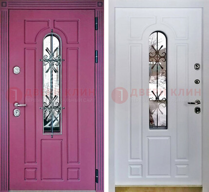 Розовая металлическая дверь со стеклом и ковкой ДСК-151 в Мурманске