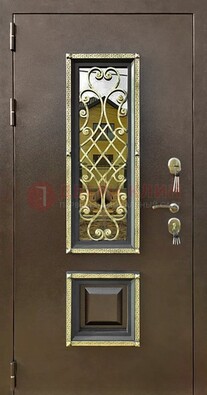 Входная дверь порошок со стеклом и ковкой для коттеджа ДСК-166 в Мурманске