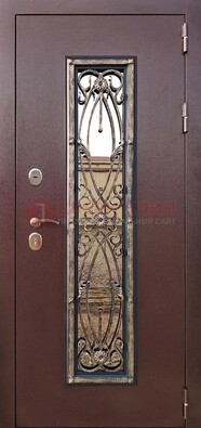 Коричневая стальная дверь порошок со стеклом и ковкой для дома ДСК-169 в Лобне