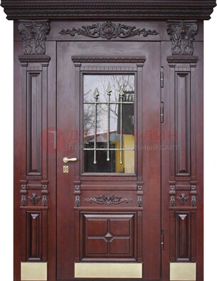 Железная парадная дверь массив дуба со стеклом и ковкой ДСК-175 в Мурманске