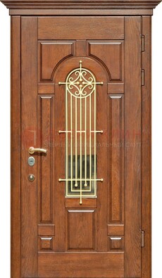 Коричневая железная дверь винорит со стеклом и ковкой ДСК-189 в Мурманске