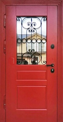 Красная железная дверь Винорит со стеклом и ковкой ДСК-205 в Мурманске