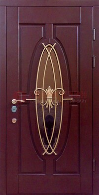 Бордовая стальная дверь Винорит со стеклом и ковкой ДСК-263 в Мурманске