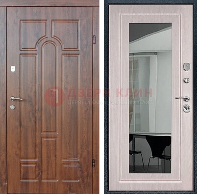 Входная коричневая дверь с МДФ Белый дуб и зеркалом ДЗ-126 в Мурманске
