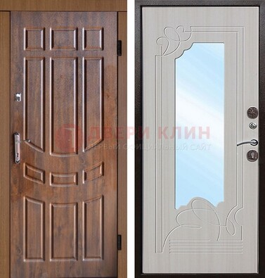 Коричневая уличная дверь c виноритом и терморазрывом МДФ Беленый дуб  с зеркалом ДЗ-97 в Мурманске