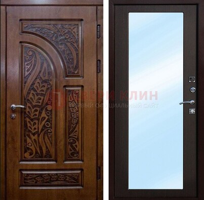Коричневая входная дверь c узором и виноритом МДФ с зеркалом ДЗ-98 в Мурманске
