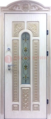 Белая железная дверь с МДФ и витражом ВЖ-26 в Мурманске