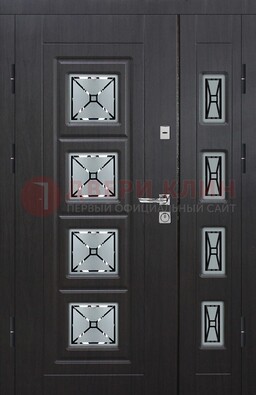 Чёрная двухстворчатая железная дверь с МДФ и витражом ВЖ-35 в Мурманске