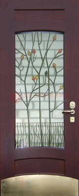 Бордовая стальная дверь с витражом и декоративным элементом ВЖ-3 в Мурманске